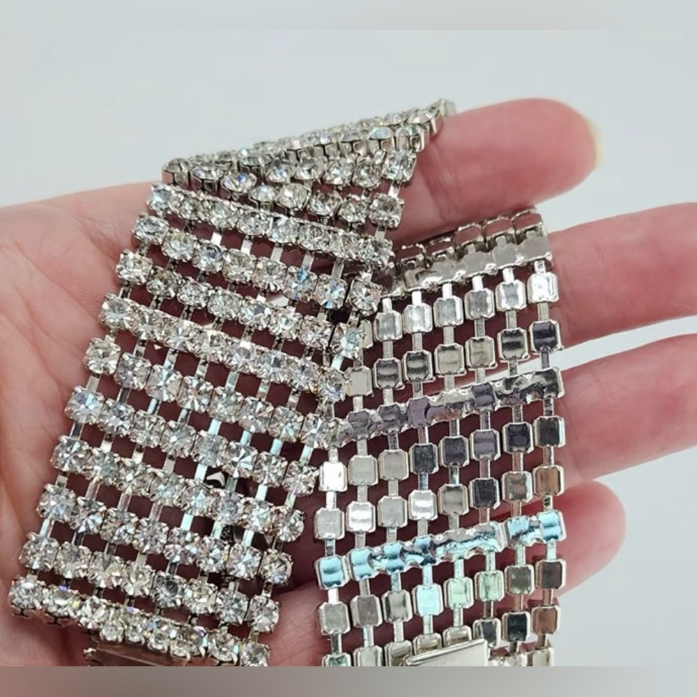 Vintage Wide Clear silver Rhinestone Bracelet